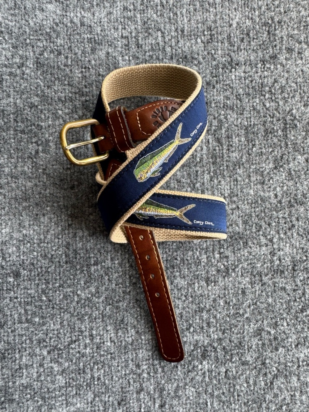 Ocean Rider Navy Embroidered Mahi Mahi Canvas Leather Men's Belt Size 38